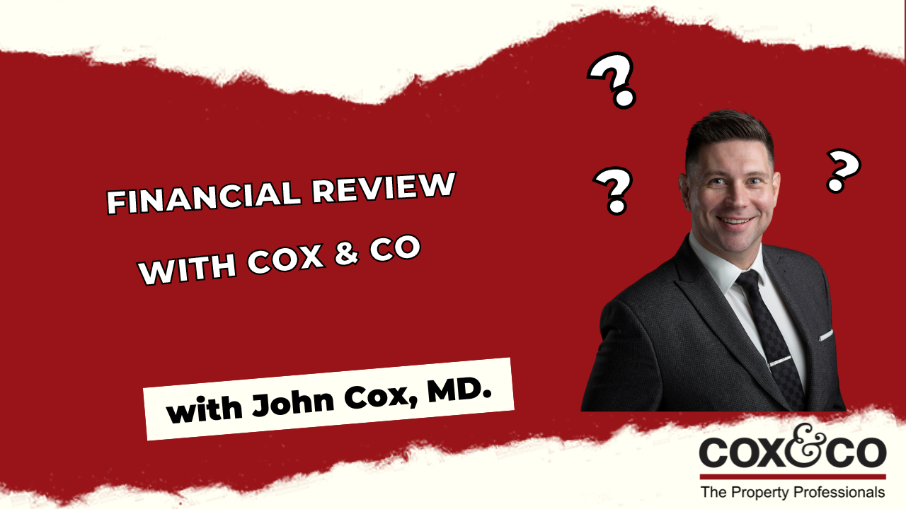 Cox & Co Estate agent in Edinburgh, Scotland. Image of a promotional poster for a Financial Review event by Cox & Co. The poster has a red background with white accents, featuring the text "Financial Review with Cox & Co" and "with John Cox, MD." A photo of a smiling man in a suit is included, along with the Cox & Co logo.