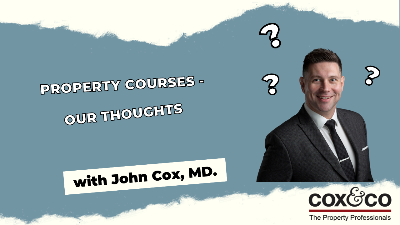 Cox & Co Estate agent in Edinburgh, Scotland. A promotional image with a torn paper design at the top and bottom. Text reads "PROPERTY COURSES - OUR SEO THOUGHTS with John Cox, MD." John Cox, in a suit, is on the right with question marks around his head. The Cox & Co logo and slogan "The Property Professionals" are at the bottom.
