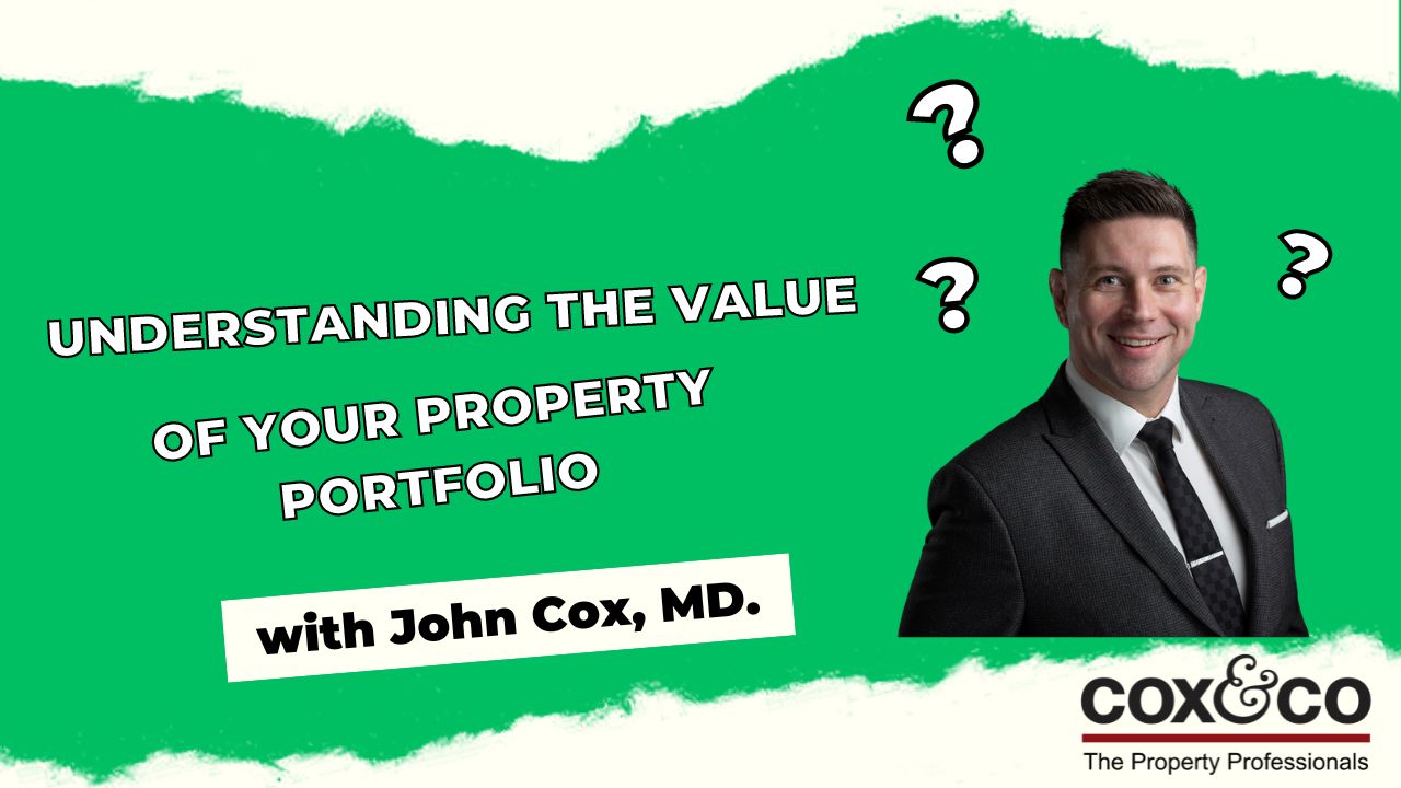 Cox & Co Estate agent in Edinburgh, Scotland. A promotional image for a property seminar, with a professional man in a suit smiling on the right. Text reads: "Understanding the Value of Your Property Portfolio with John Cox, MD." The Cox & Co logo and tagline "The Property Professionals in Edinburgh" are at the bottom right.