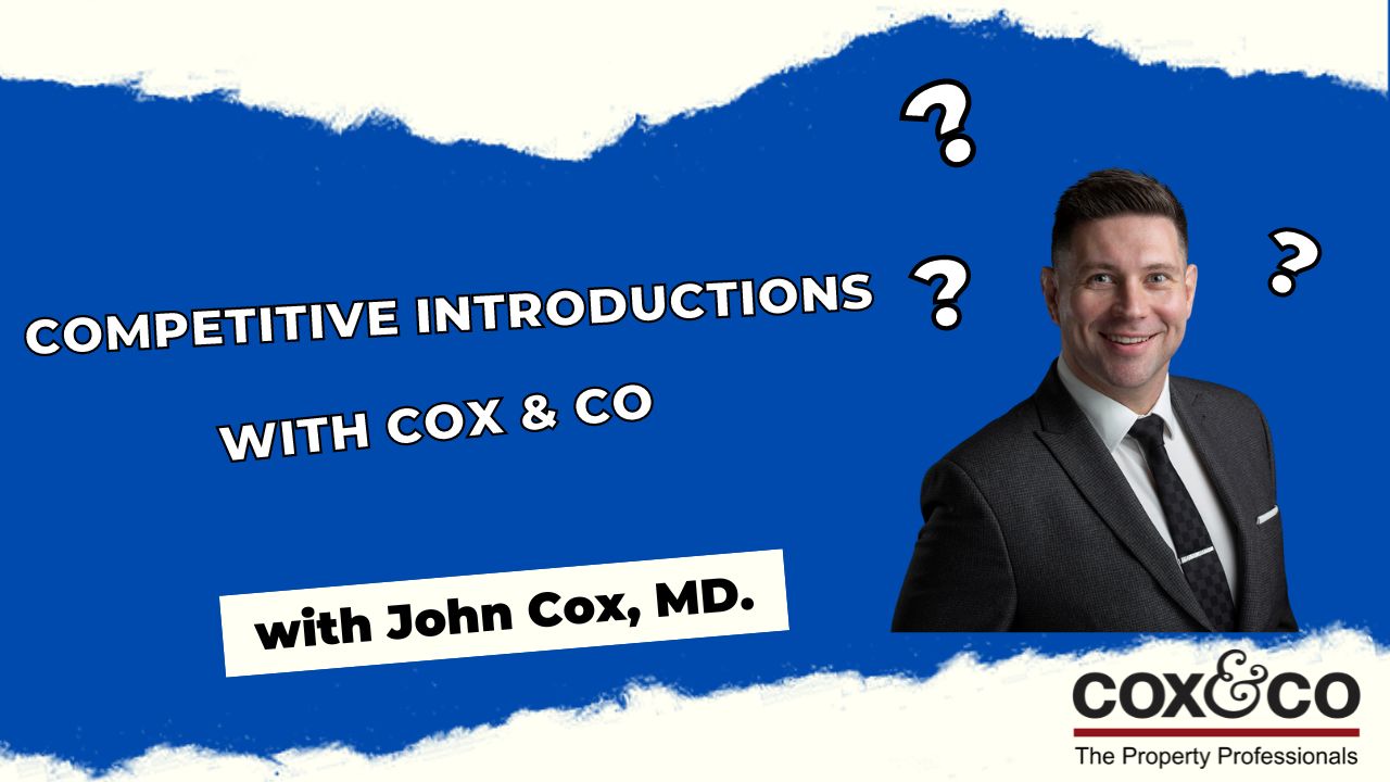 Cox & Co Estate agent in Edinburgh, Scotland. A blue and white promotional graphic for "Competitive Introductions with Cox & Co" features a smiling man in a suit and tie, identified as John Cox, MD. The Cox & Co logo and the tagline "The Property Professionals" are at the bottom. Question marks hinting at property investment opportunities are in the background.